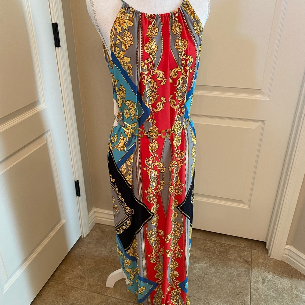 Multi Colored Maxi Dress with Gold Belt